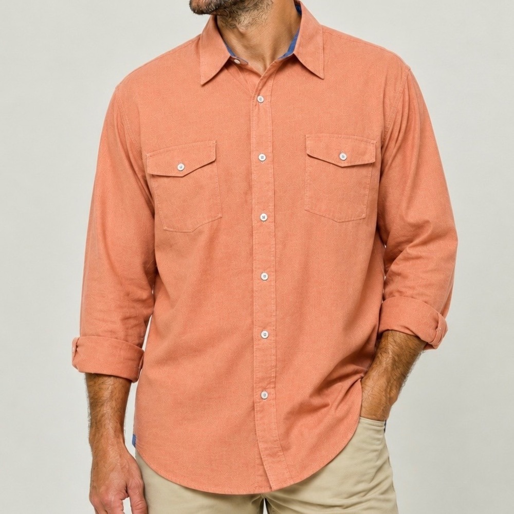 Red Camel Mens XXL Coral Orange Long Sleeve Button Down Shirt 100% Cotton Casual